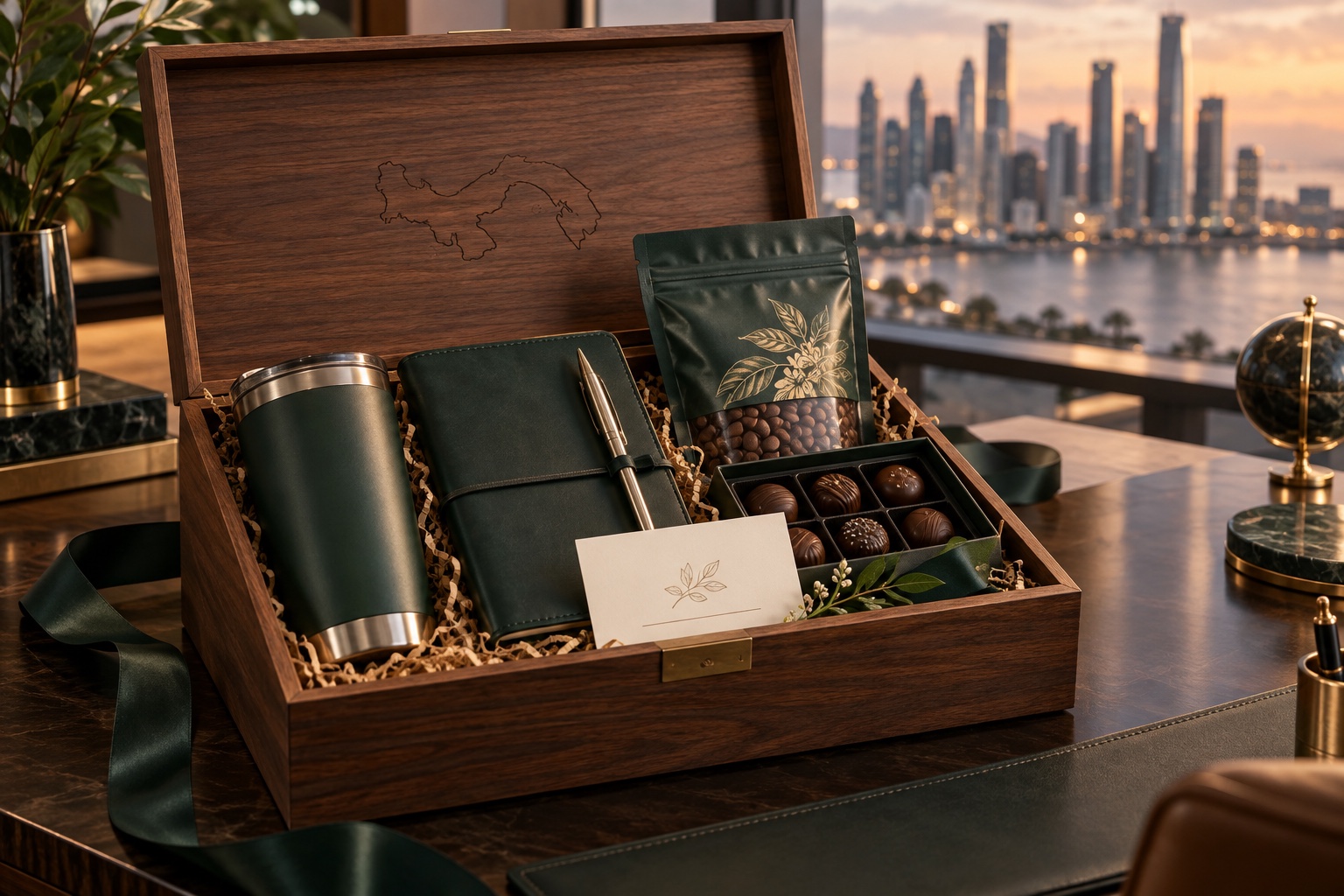 Kit corporativo de fin de año con café, chocolate y artículos personalizados