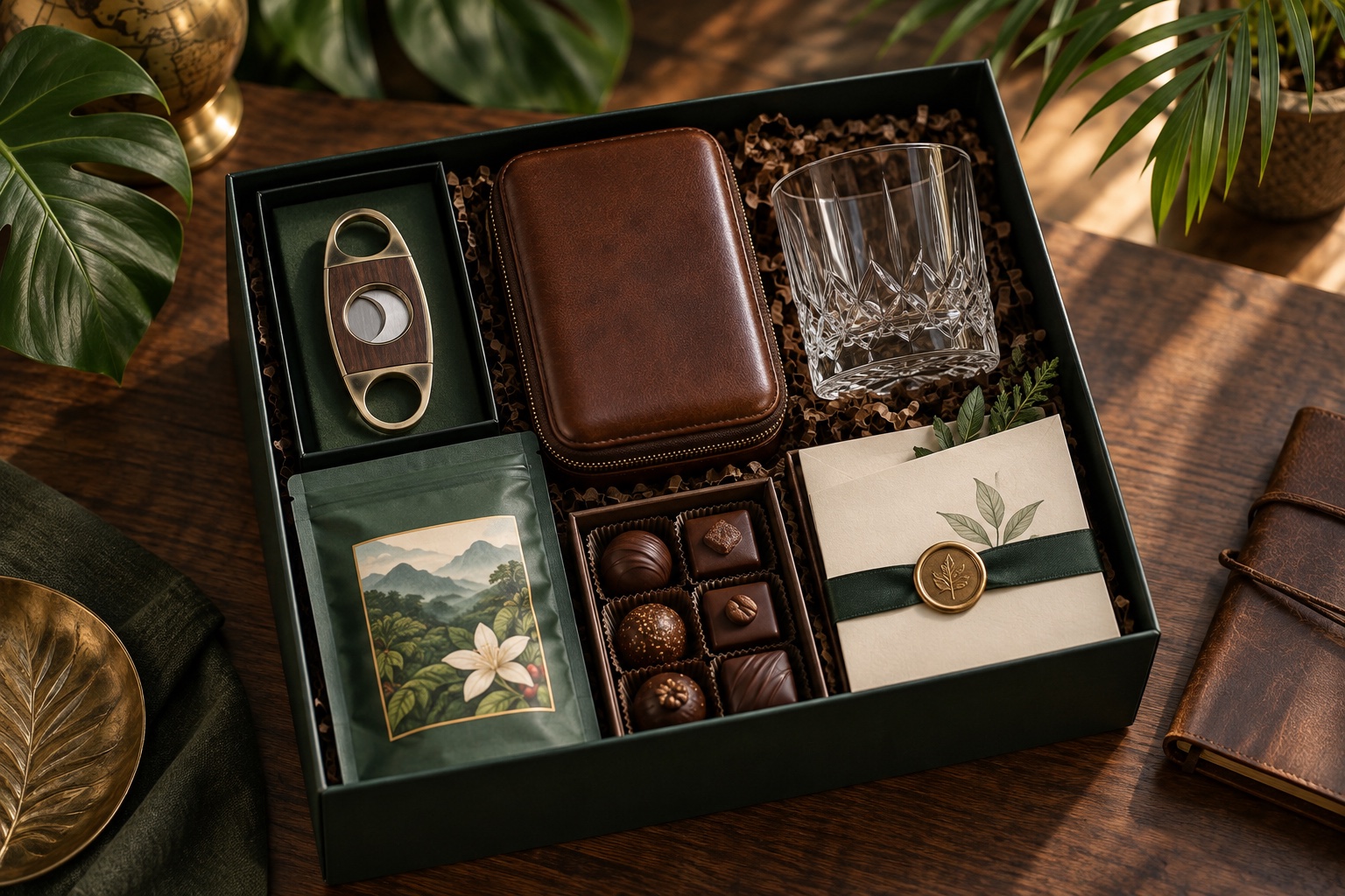 Caja de regalo para hombre con accesorios, café Geisha y chocolate